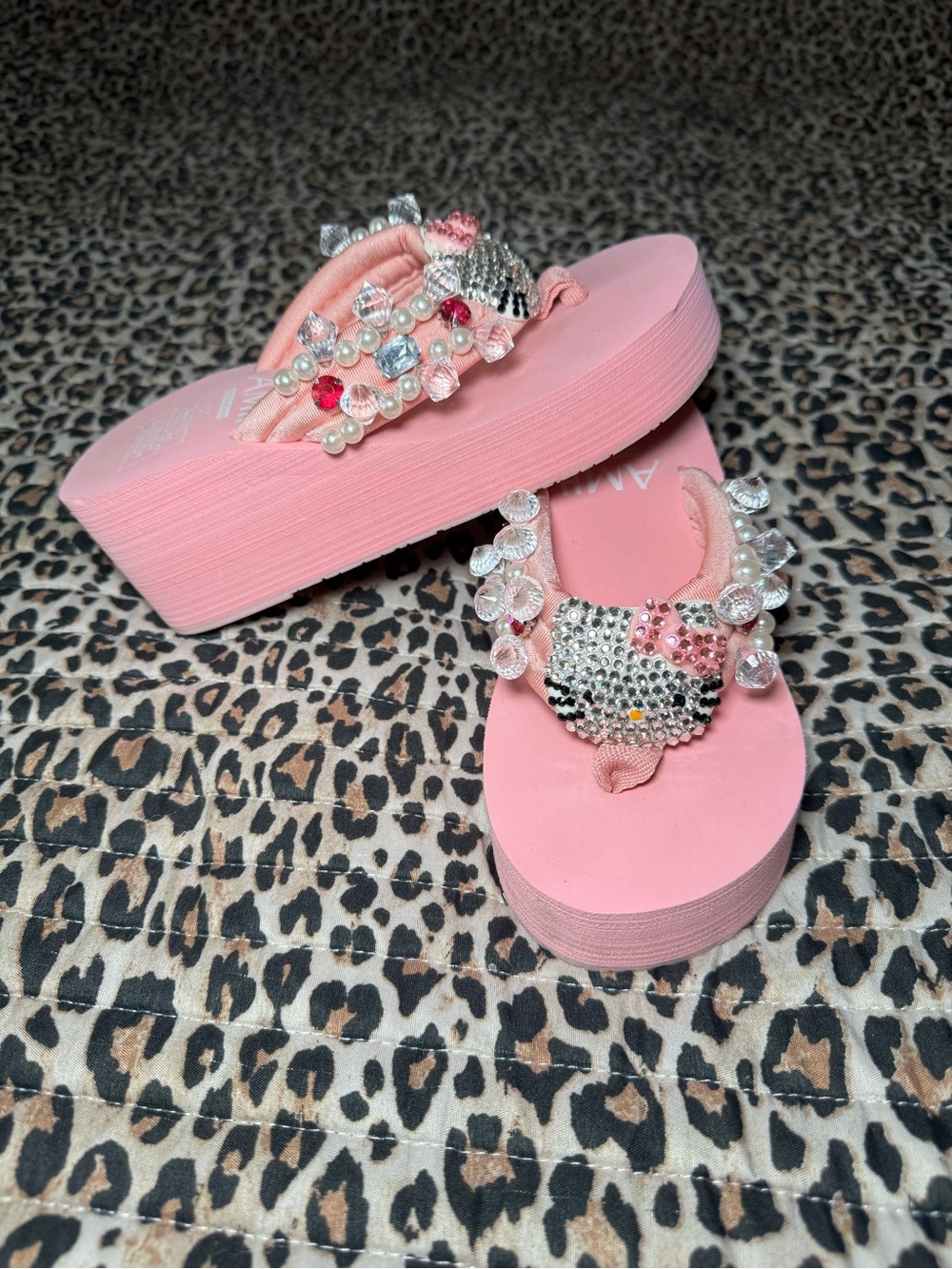 Pink Jeweled Hello Kitty Platform Flip Flops